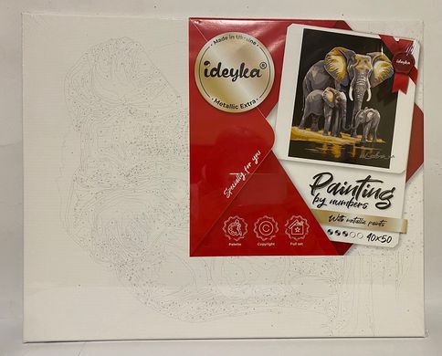 УЦЕНКА Картина за номерами 40х50 KHO6530 Семейство слонов с красками металлик (6530) фото